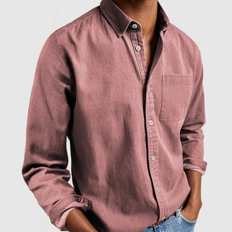 Camisa denim masculina manga longa com botões corte casual