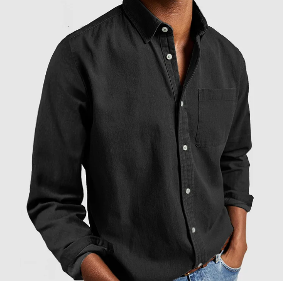 Camisa denim masculina manga longa com botões corte casual