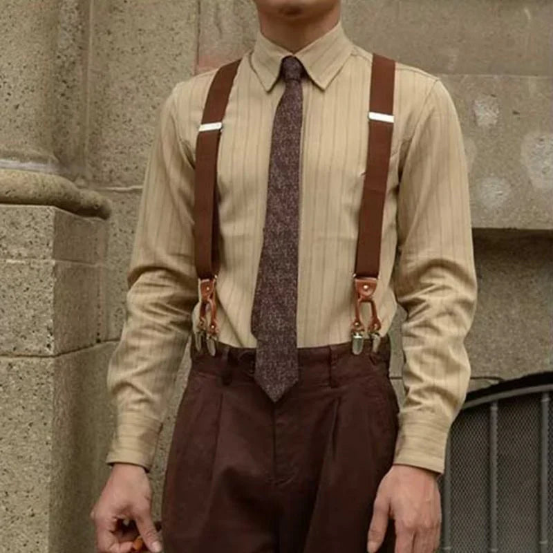 Camisa masculina manga longa listrada com botões e colarinho