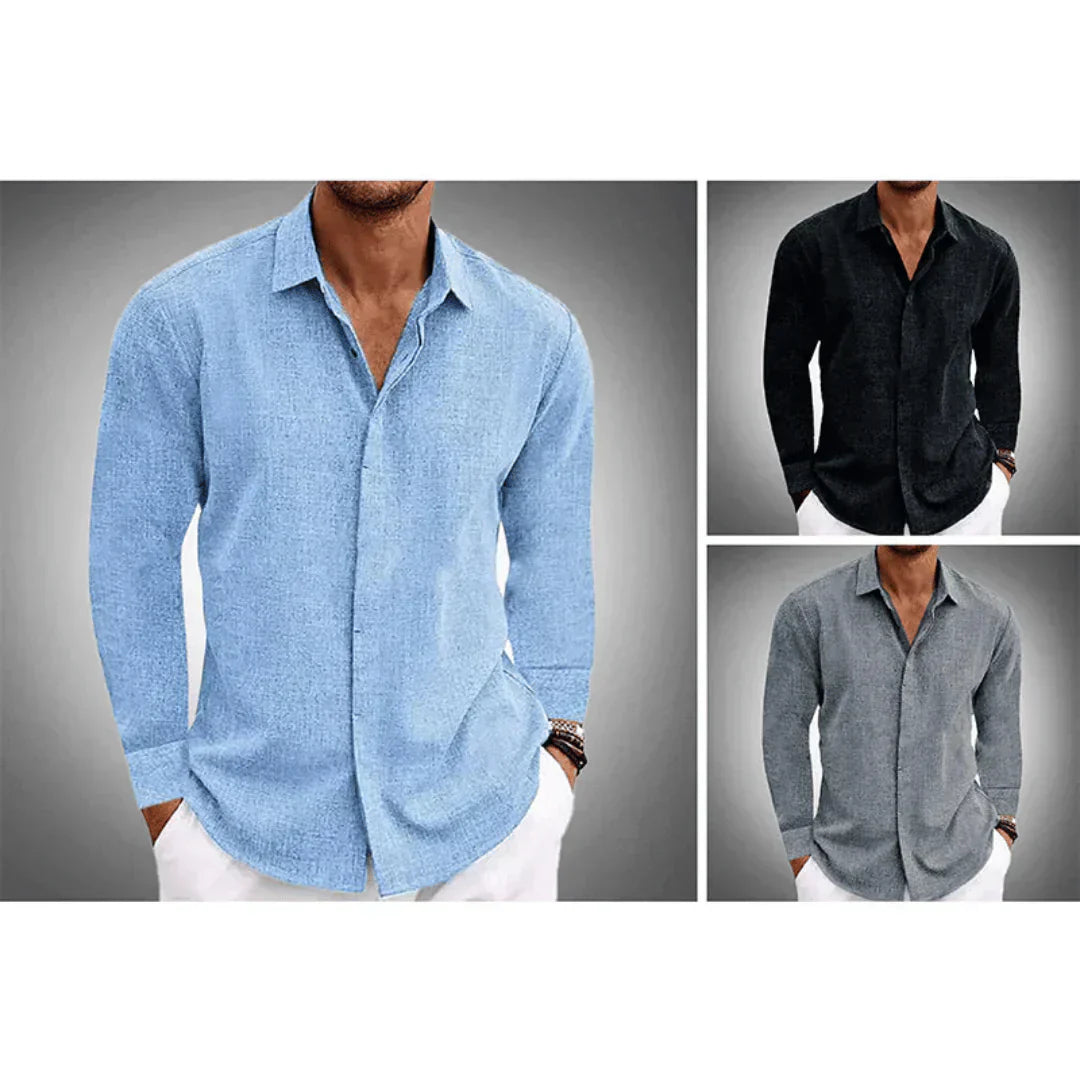 Camisa de Linho Manga Longa | Homem, Botões, Gola
