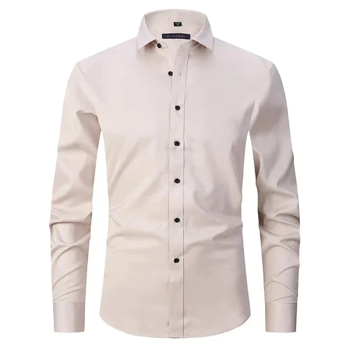 Camisa masculina Oxford elástica sem amassado com botões frontais