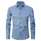 Camisa masculina Oxford elástica sem amassado com botões frontais