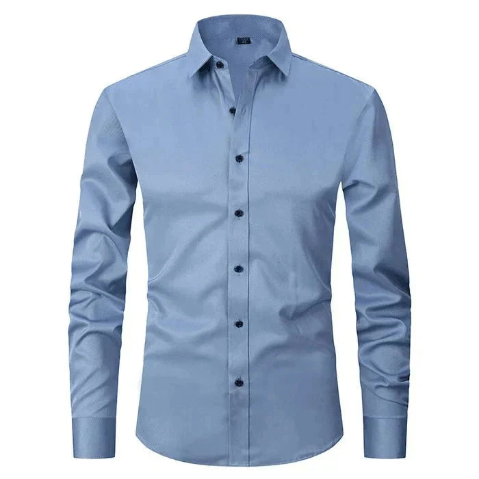 Camisa masculina Oxford elástica sem amassado com botões frontais