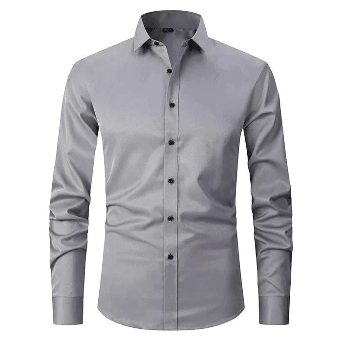 Camisa masculina Oxford elástica sem amassado com botões frontais
