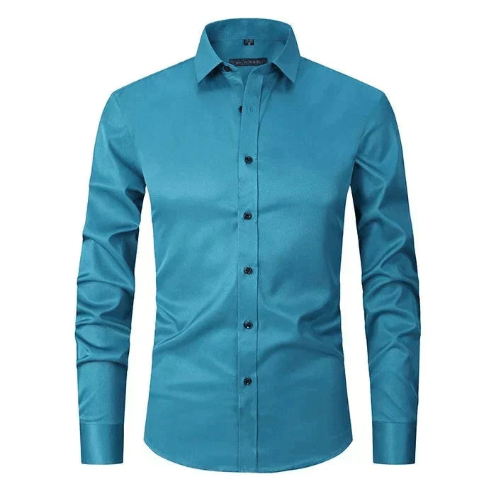 Camisa masculina Oxford elástica sem amassado com botões frontais
