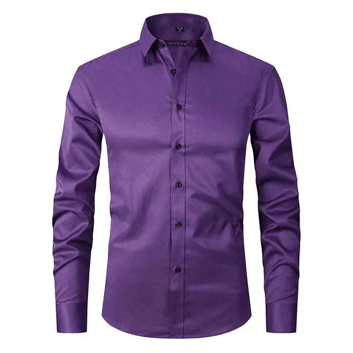 Camisa masculina Oxford elástica sem amassado com botões frontais