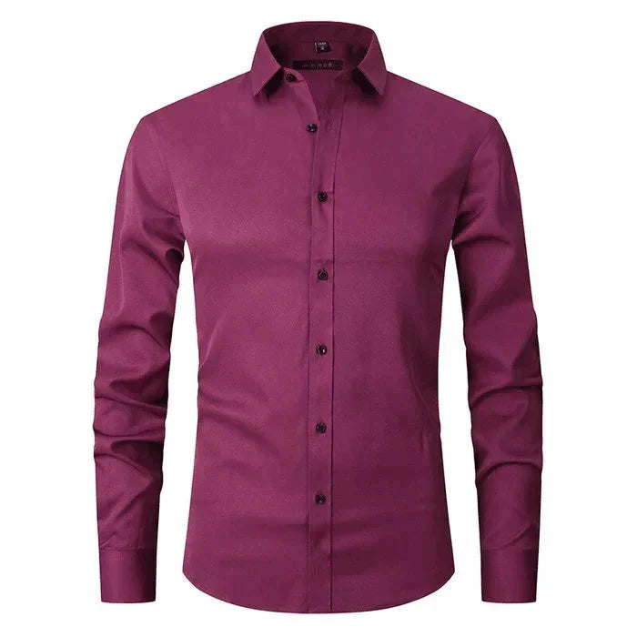 Camisa masculina Oxford elástica sem amassado com botões frontais