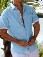 Camisa masculina xadrez manga curta com botões e bolso no peito