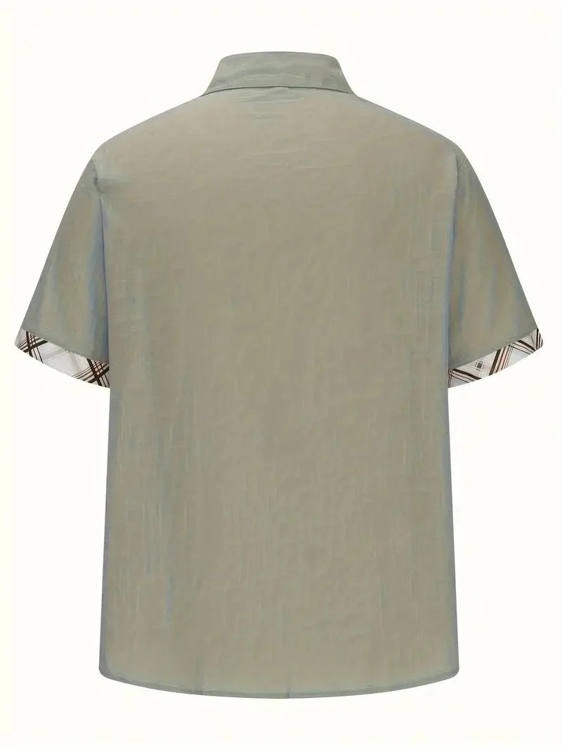 Camisa masculina xadrez manga curta com botões e bolso no peito