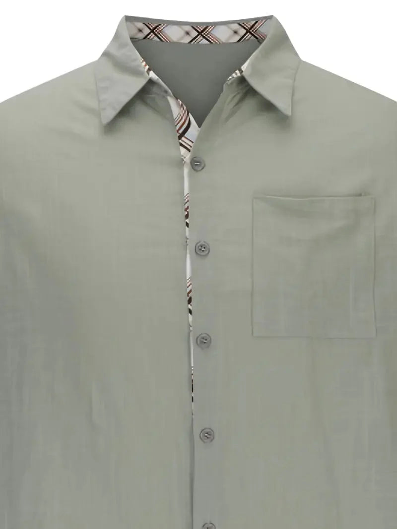 Camisa masculina xadrez manga curta com botões e bolso no peito