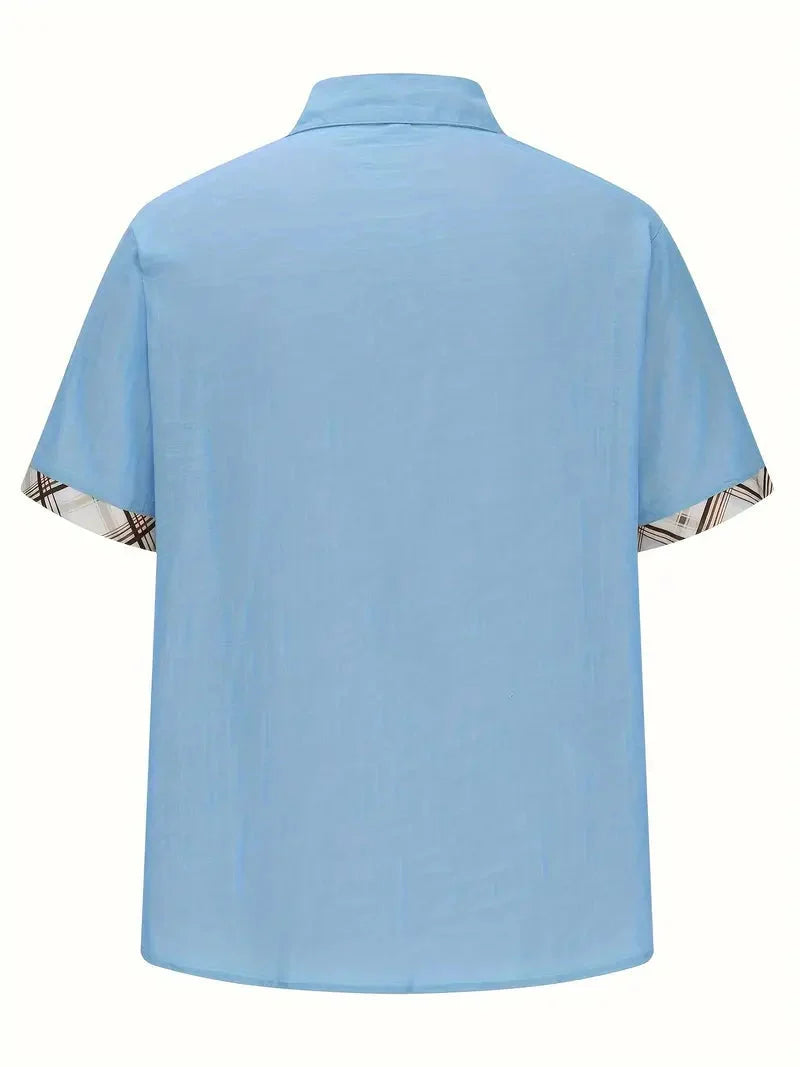 Camisa masculina xadrez manga curta com botões e bolso no peito