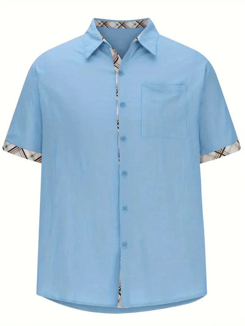 Camisa masculina xadrez manga curta com botões e bolso no peito