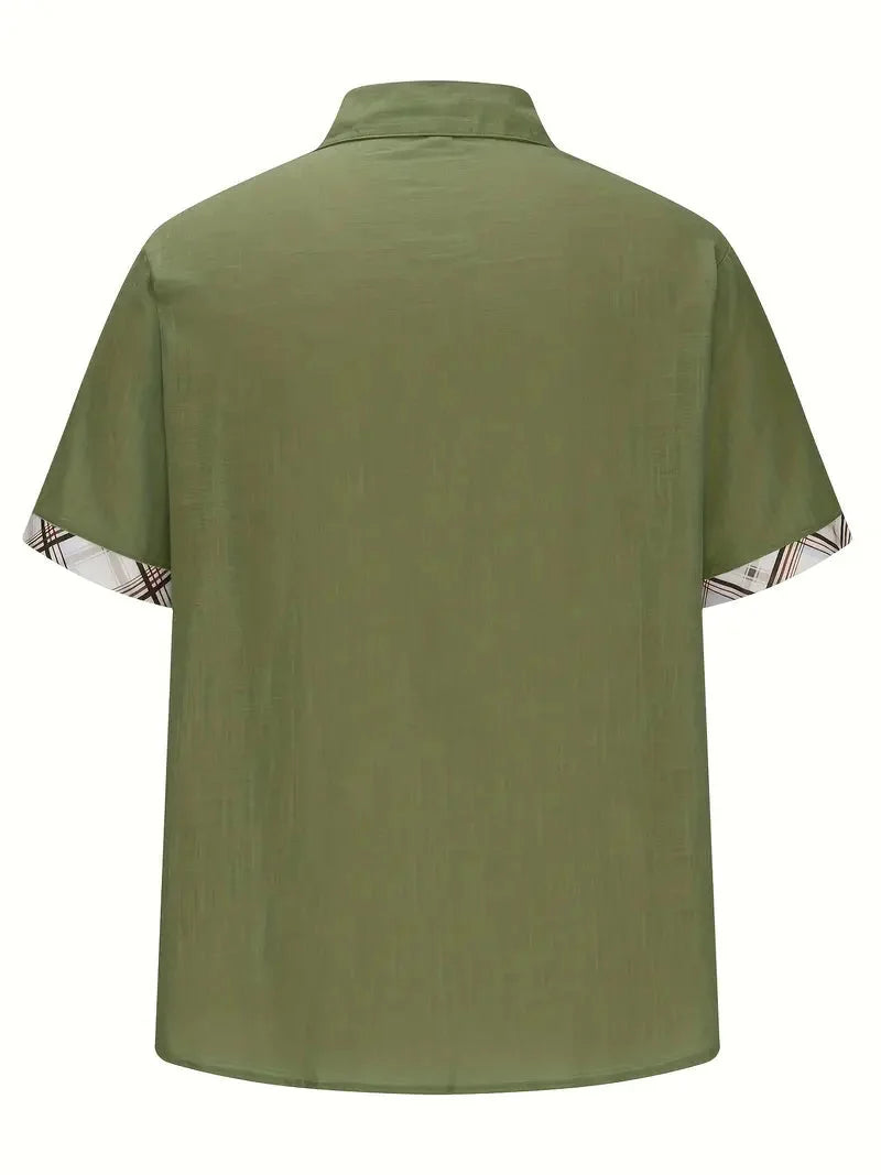 Camisa masculina xadrez manga curta com botões e bolso no peito