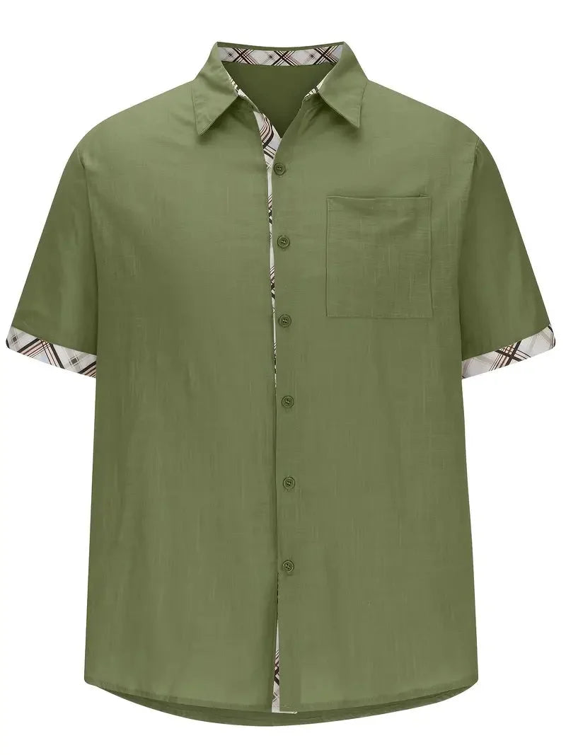 Camisa masculina xadrez manga curta com botões e bolso no peito