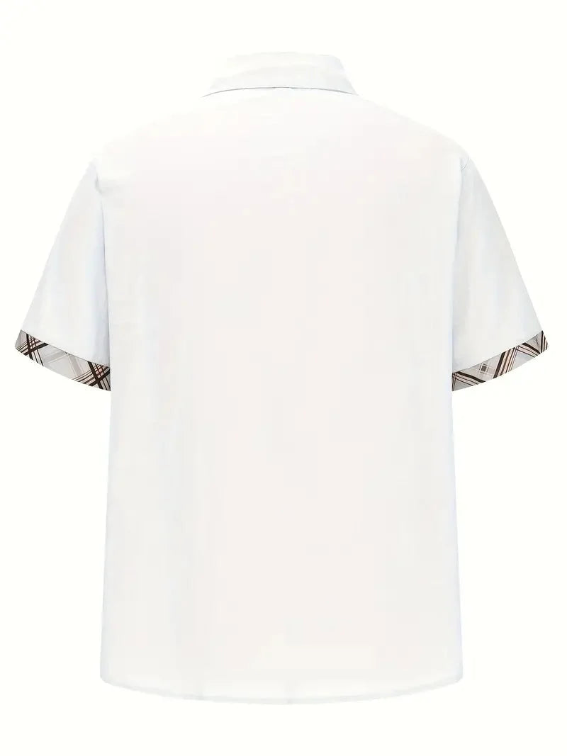Camisa masculina xadrez manga curta com botões e bolso no peito