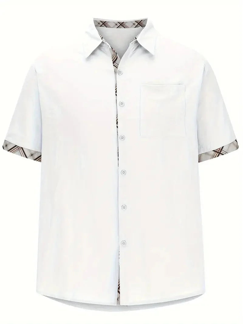 Camisa masculina xadrez manga curta com botões e bolso no peito
