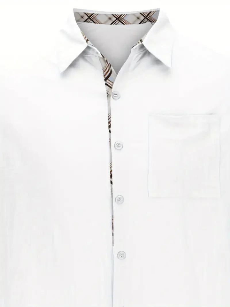 Camisa masculina xadrez manga curta com botões e bolso no peito