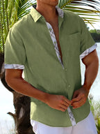 Camisa masculina xadrez manga curta com botões e bolso no peito