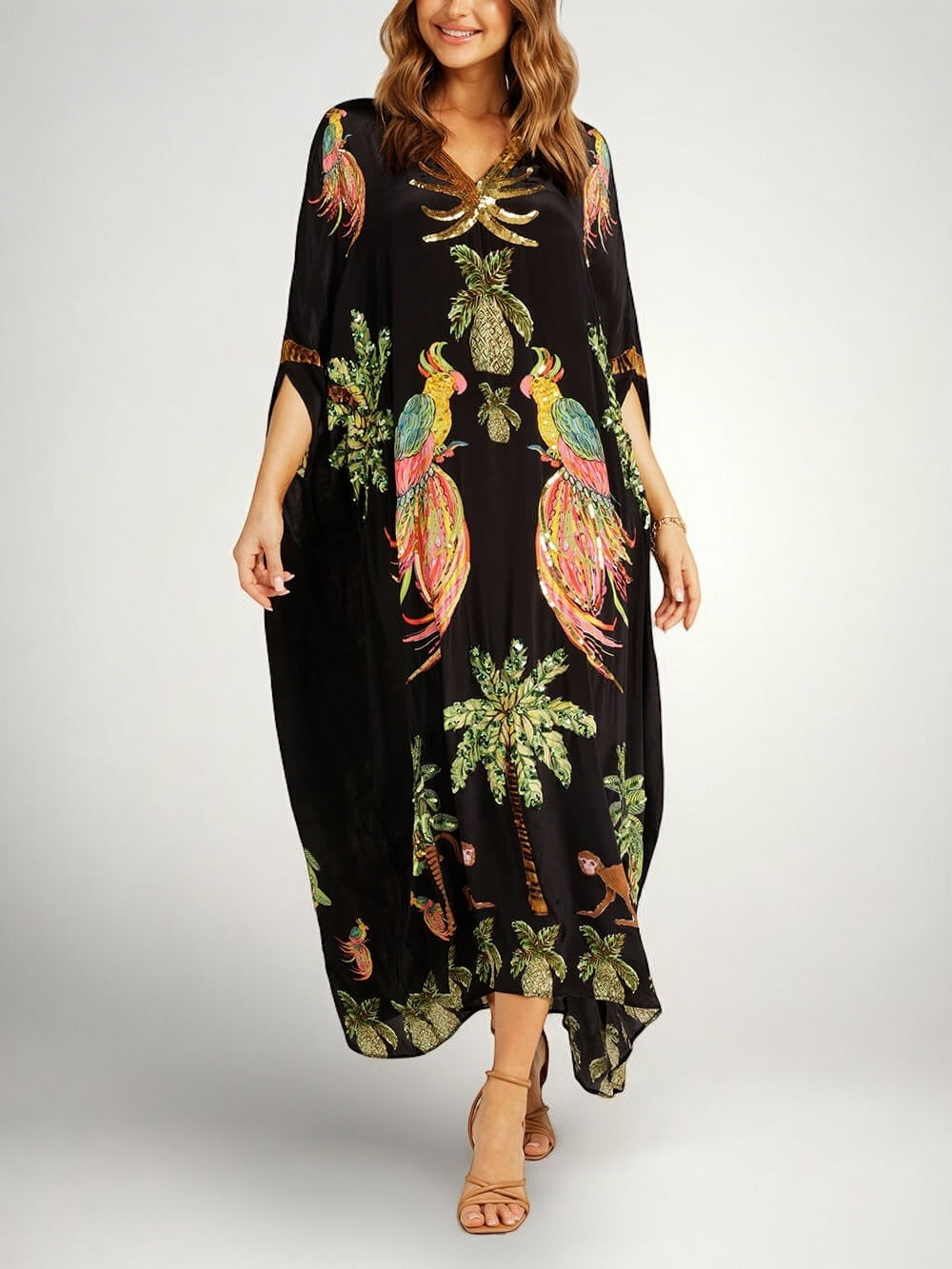 Vestido feminino estampa coqueiro ombro caído com detalhe de lantejoulas
