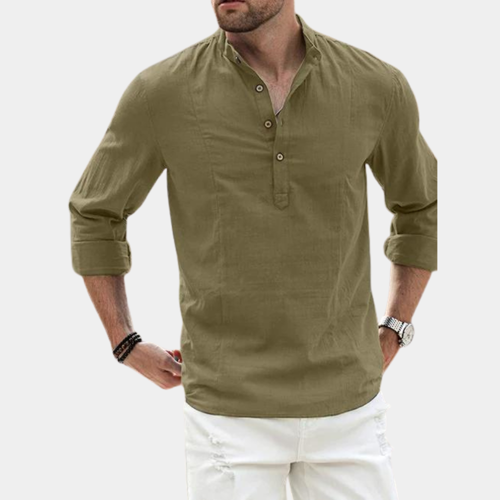 Camisa masculina manga longa casual gola Y padrão liso