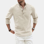 Camisa masculina manga longa casual gola Y padrão liso