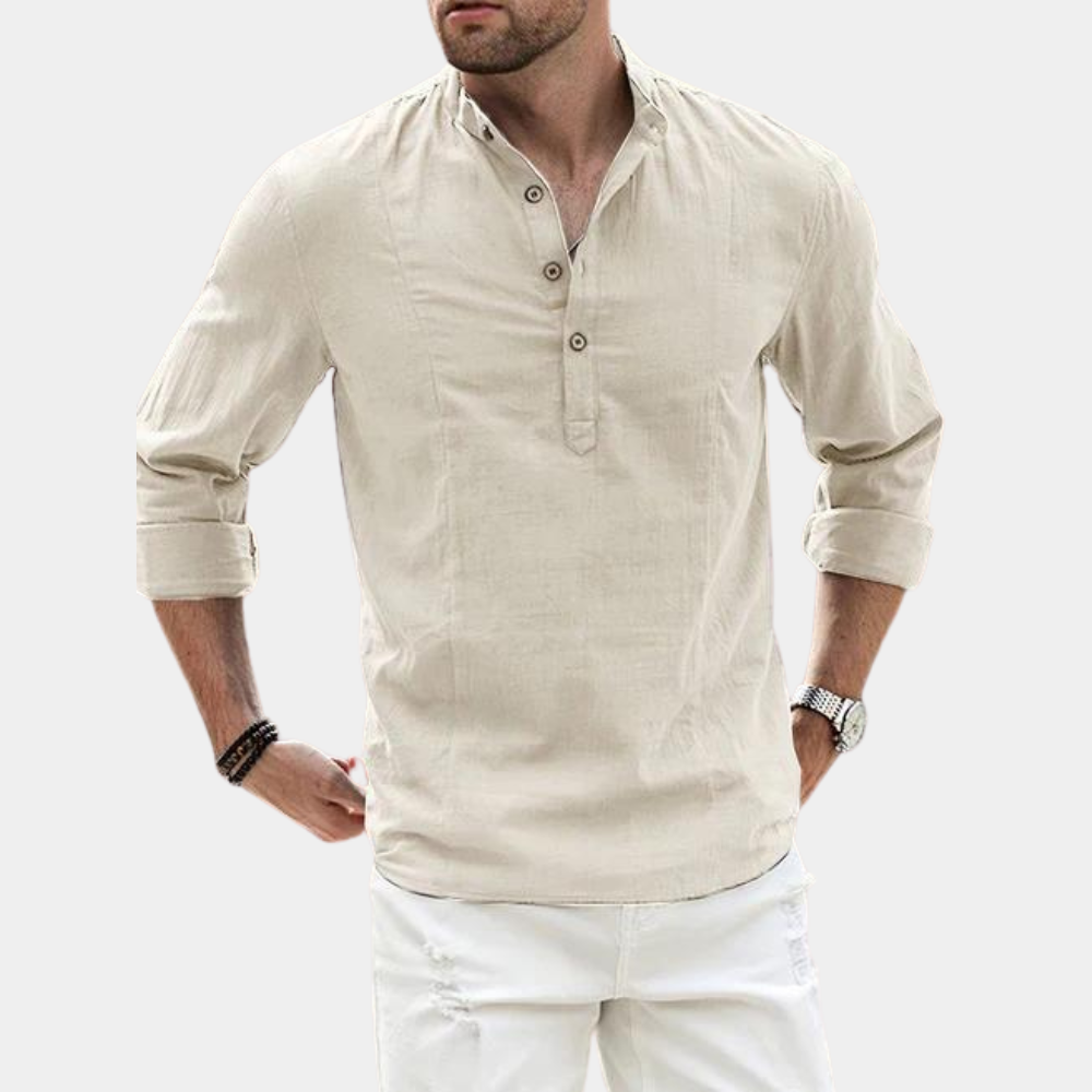 Camisa masculina manga longa casual gola Y padrão liso