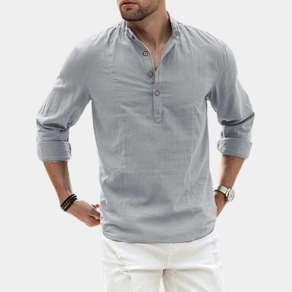 Camisa masculina manga longa casual gola Y padrão liso