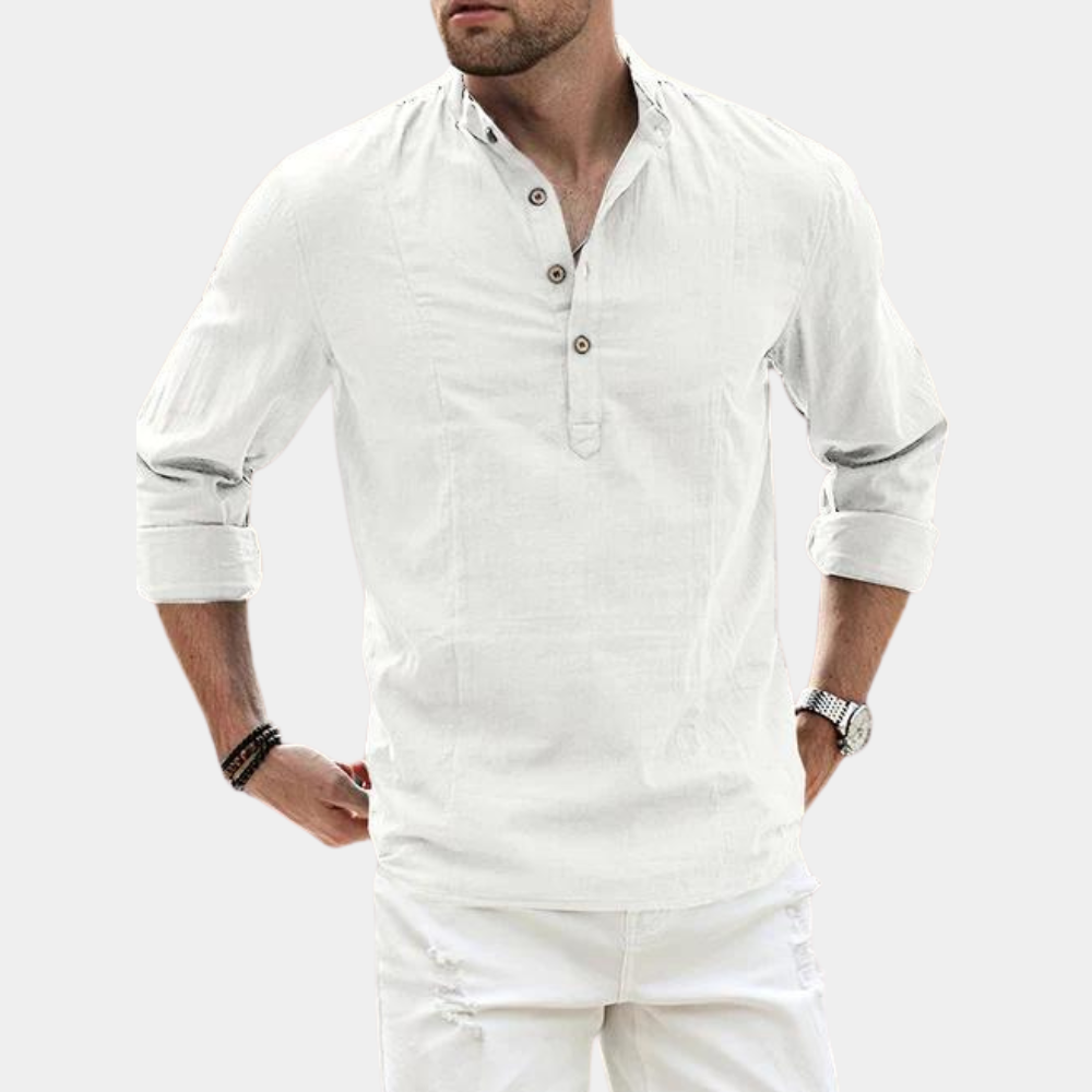 Camisa masculina manga longa casual gola Y padrão liso