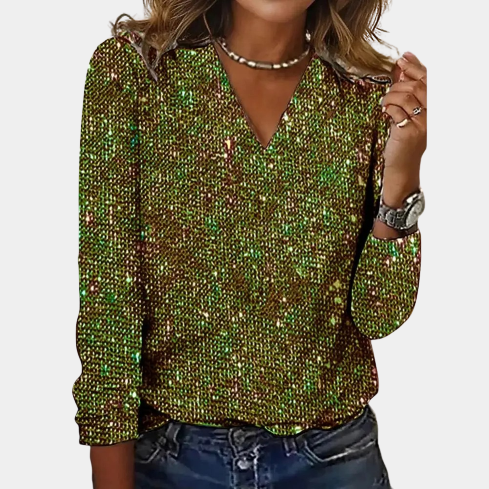 Blusa feminina com lantejoulas e decote V brilhante para festas e eventos especiais