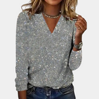 Blusa feminina com lantejoulas e decote V brilhante para festas e eventos especiais