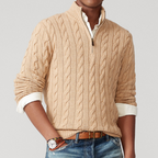 Camisola homem tricô cabo quarter-zip com gola alta mock manga comprida