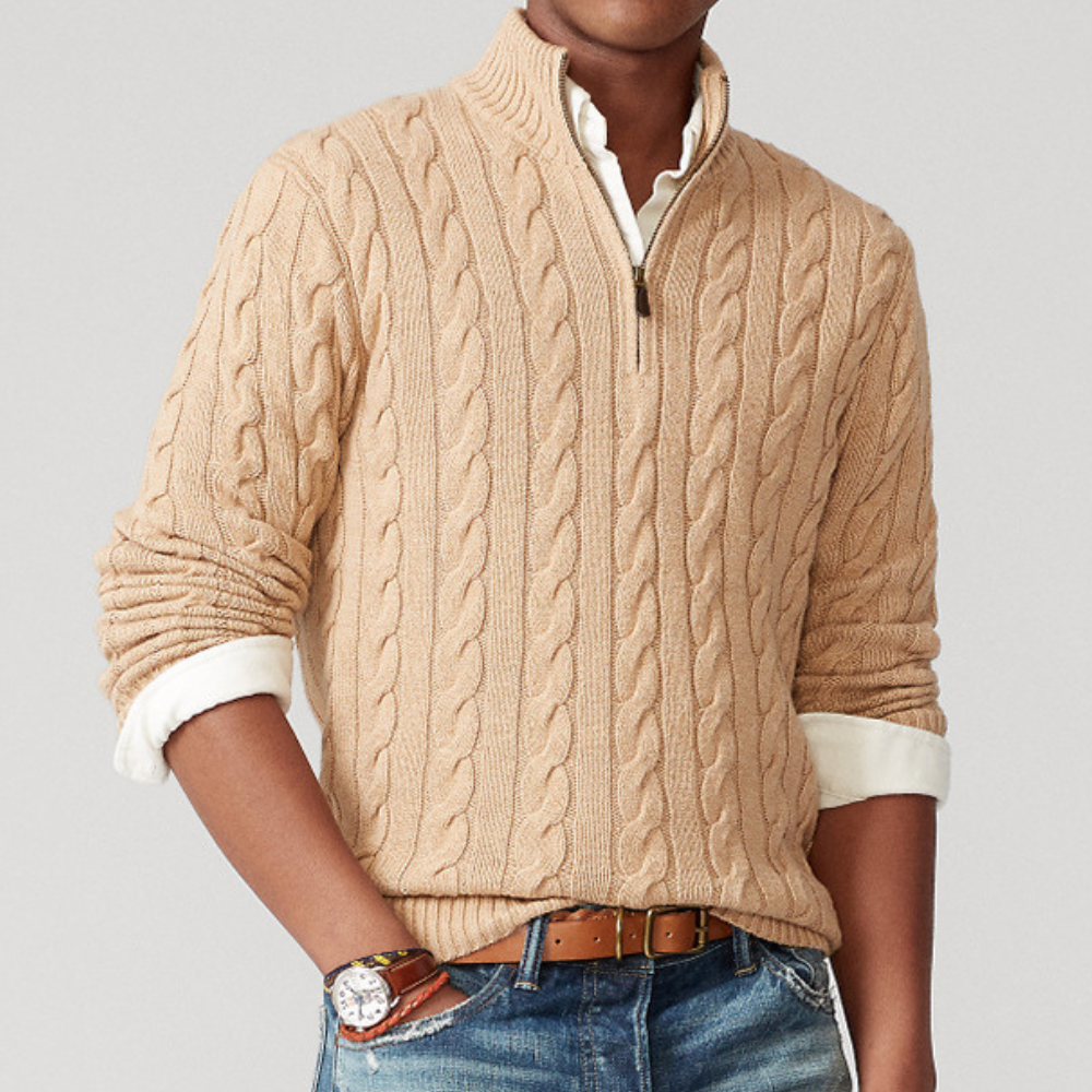 Camisola homem tricô cabo quarter-zip com gola alta mock manga comprida