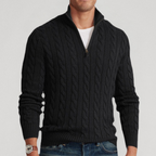 Camisola homem tricô cabo quarter-zip com gola alta mock manga comprida