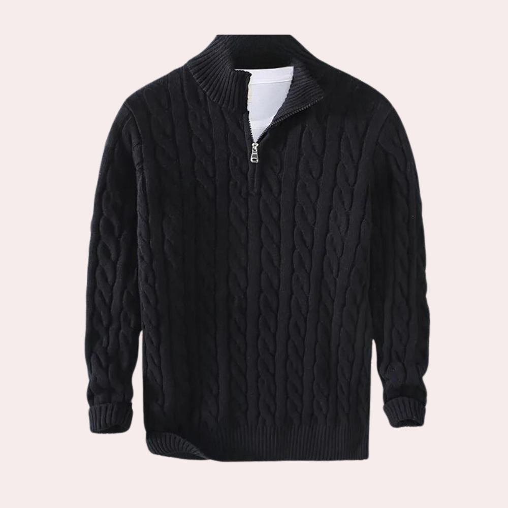 Camisola homem tricô cabo quarter-zip com gola alta mock manga comprida