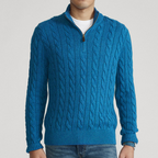 Camisola homem tricô cabo quarter-zip com gola alta mock manga comprida
