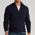 Camisola homem tricô cabo quarter-zip com gola alta mock manga comprida