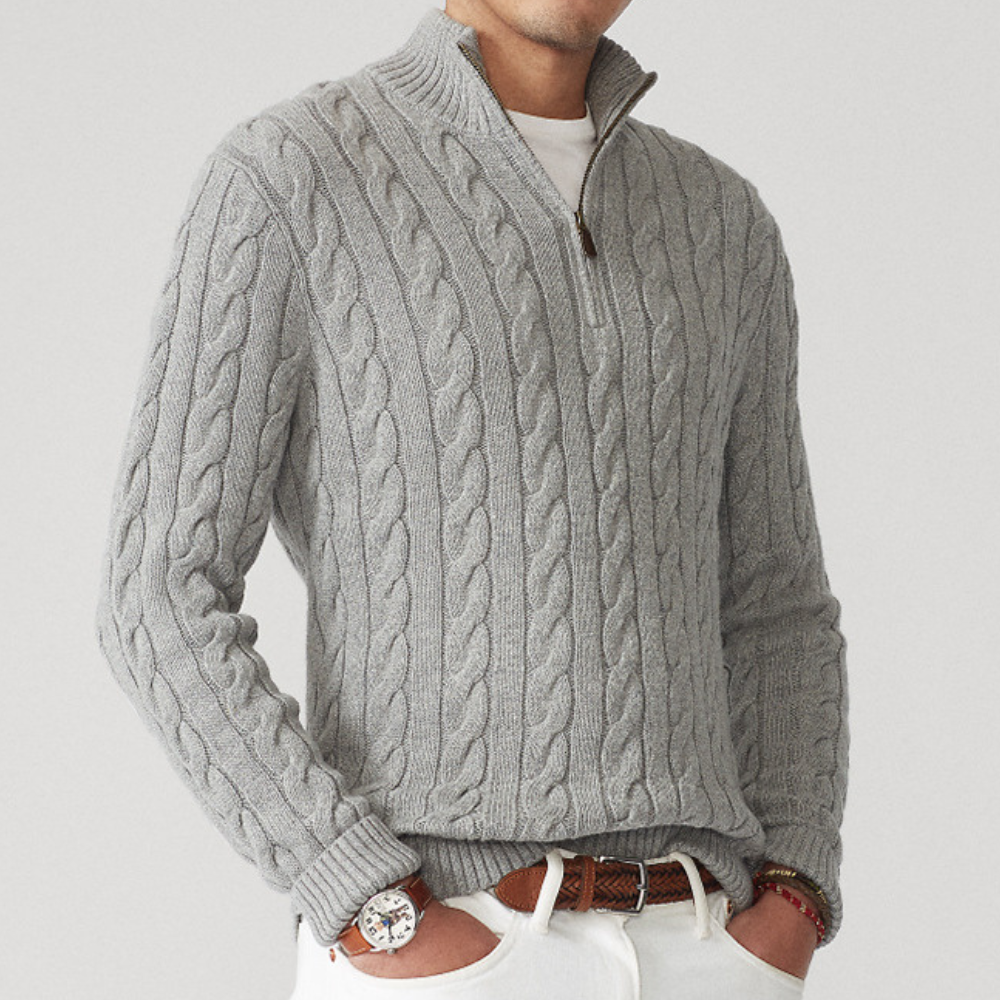Camisola homem tricô cabo quarter-zip com gola alta mock manga comprida