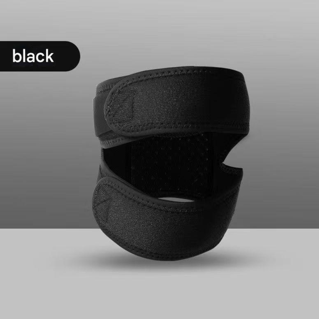 Joelheira ajustável com design wrap-around, material elástico e respirável, cor preta
