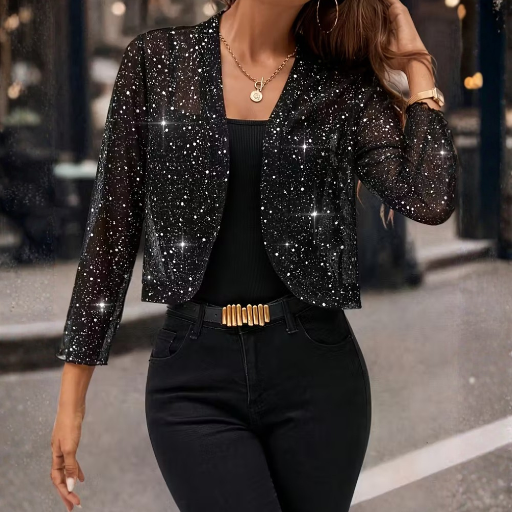 Casaco cardigan feminino com lantejoulas brilhantes e manga longa frente aberta