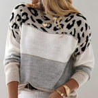 Camisola malha feminina color block padrão leopardo manga comprida