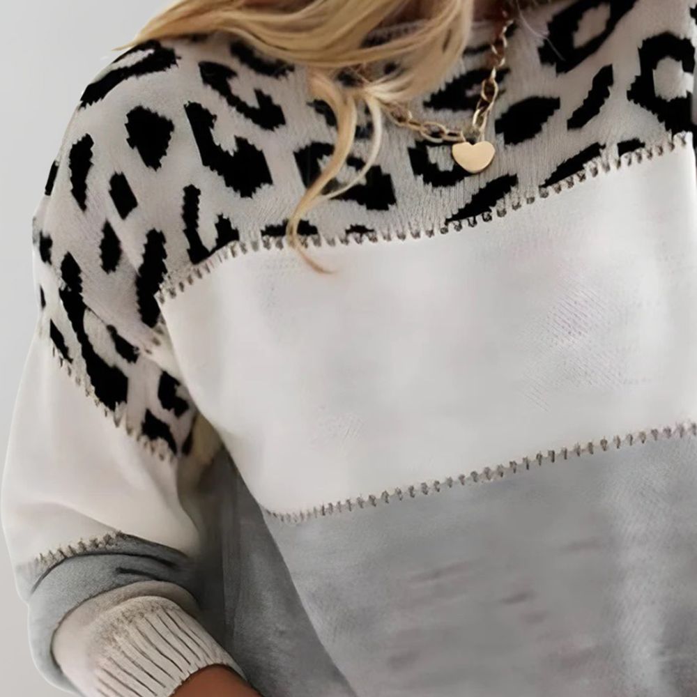 Camisola malha feminina color block padrão leopardo manga comprida