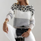 Camisola malha feminina color block padrão leopardo manga comprida