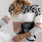 Camisola malha feminina color block padrão leopardo manga comprida