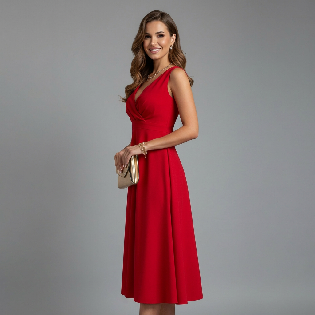 Vestido midi feminino decote em V sem mangas linha A zíper traseiro