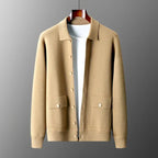 Cardigan homem botões gola manga longa em verde e camel