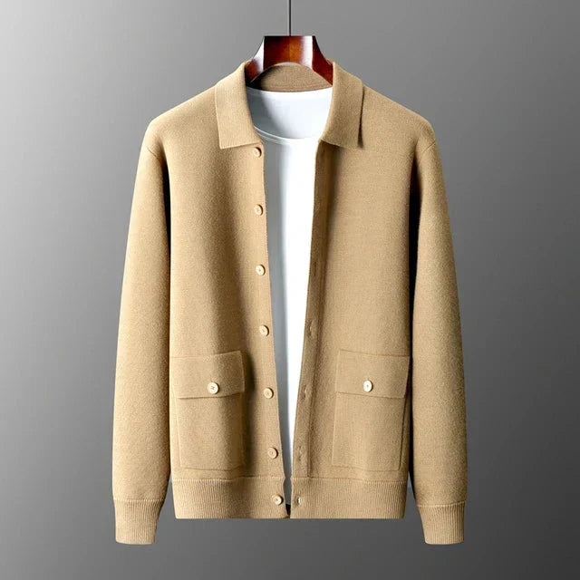 Cardigan homem botões gola manga longa em verde e camel