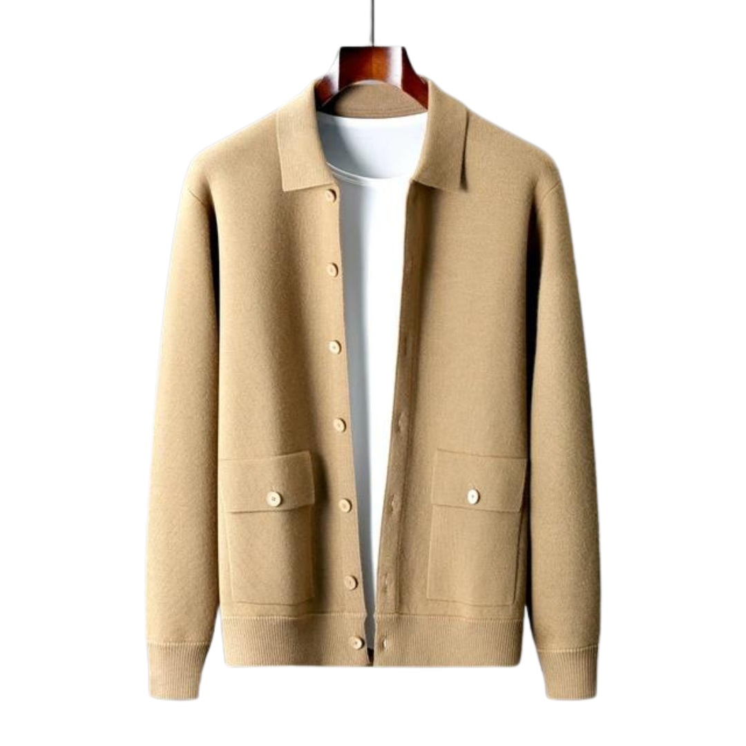 Cardigan homem botões gola manga longa em verde e camel