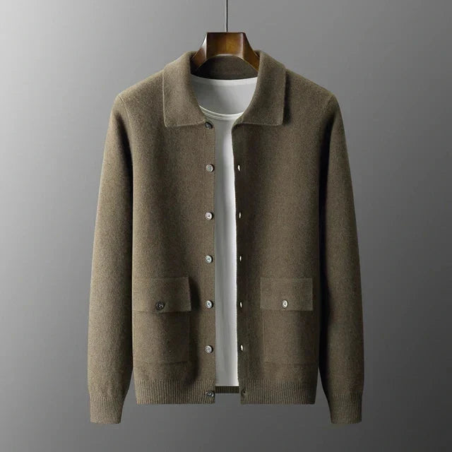 Cardigan homem botões gola manga longa em verde e camel
