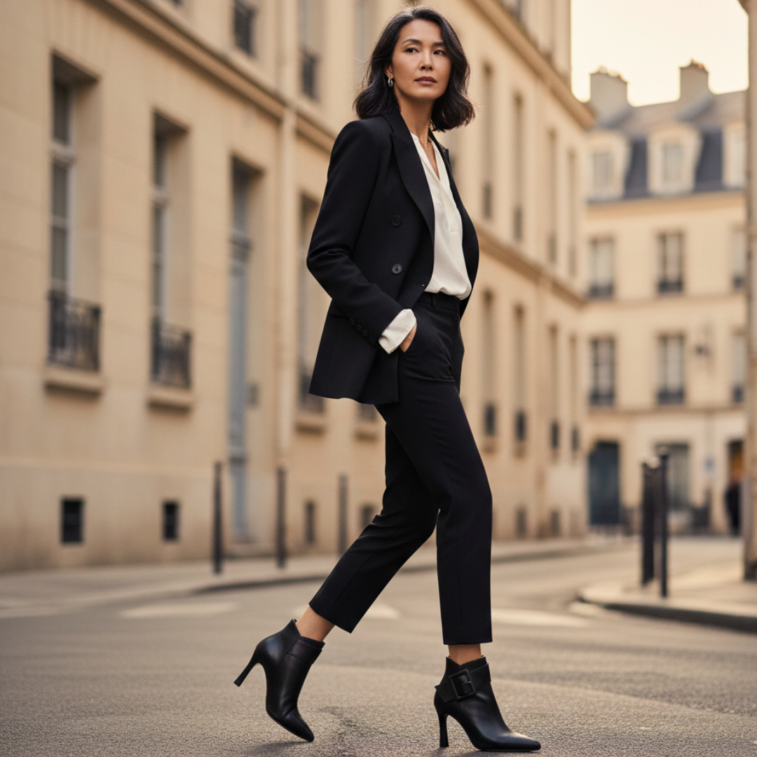 Botas ankle femininas com fivela decorativa em preto e bege