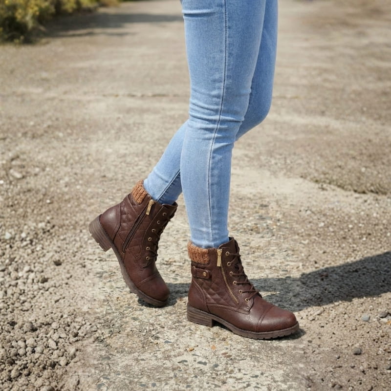 Botins de couro femininos com salto bloco baixo e zíper lateral